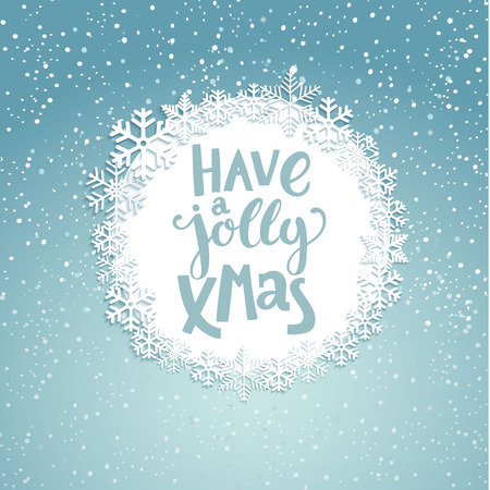 Jolly Christmas greeting card with lettering. Snowfall background. Vector illustration.のイラスト素材