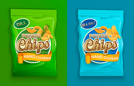 Set of two packaging with chips, with dill and with sea salt.のイラスト素材