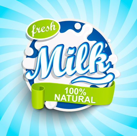 Fresh and Natural Milk label splash with ribbon on blue sunburst background for logo, template, label, badge, emblem for groceries, agriculture stores, packaging and advertising.. Vector illustration.のイラスト素材