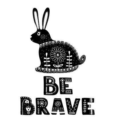 Black and white card with Lettering and Hare in Scandinavian style. Creative poster with animal and phrase. Vector illustration.のイラスト素材