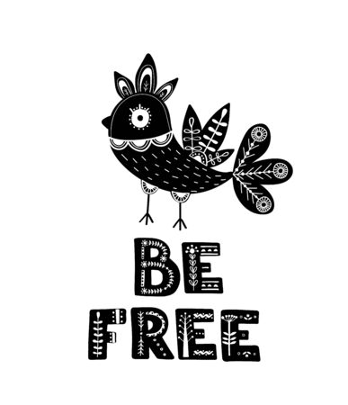 Black and white card with Lettering and Bird in Scandinavian style. Creative poster with animal and phrase. Vector illustration.のイラスト素材