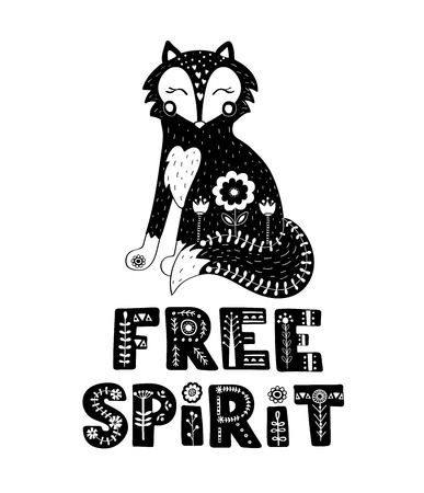 Black and white card with Lettering and Fox in Scandinavian style. Creative poster with animal and phrase. Vector illustration.のイラスト素材