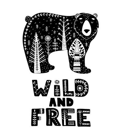 Black and white card with Lettering and Bear in Scandinavian style. Creative poster with animal and phrase. Vector illustration.のイラスト素材
