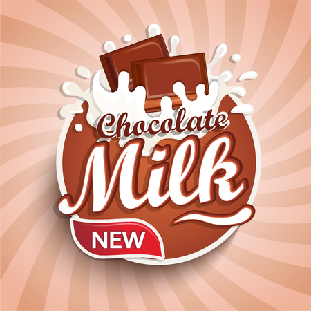Logo, label of fresh chocolate milk on sunburst background. Milky splashing with drops from falling pieces of delicious chocolate. Vector illustration for your design, packaging and advertising.のイラスト素材