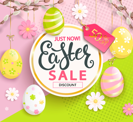 Sale card for Happy Easter with hand drawn lettering in gold circle frame, beautiful chamomiles and painted eggs on geometric background.のイラスト素材
