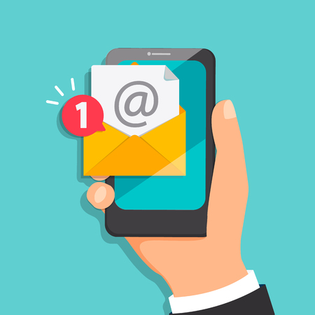 Concept of new letter coming to the email in mobile mail. Notification of one new message in smartphone. Vector illustration.のイラスト素材