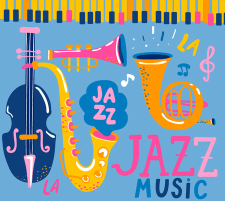 Poster for the jazz musical festival with classic music instruments - cello, cornet, tuba, clarinet, saxophone. Handdrawn lettering. Vector illustration for music events, jazz concerts.のイラスト素材