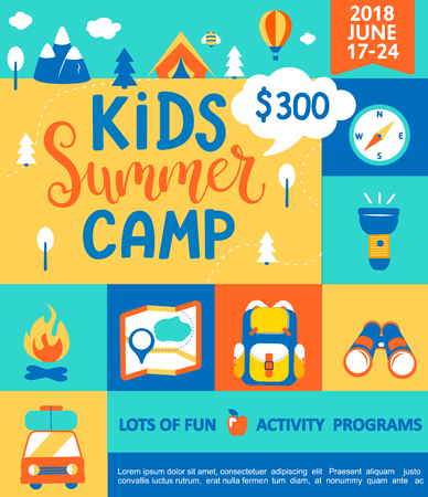 Poster for the Kids Summer camp, concept with handdrawn lettering,Camping and Travelling on holiday with a lot of camping equipment such as tent, backpack and others in flat style,vector illustration.のイラスト素材