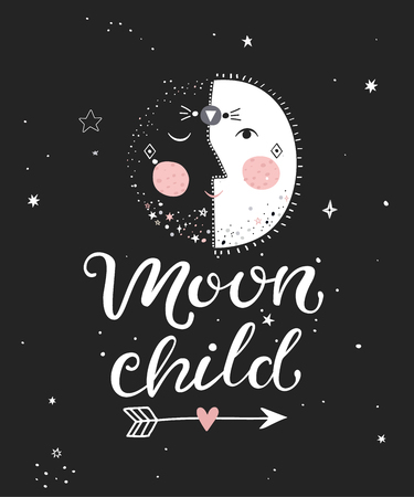 Moon child monochrome poster with hand drawn lettering. Vector illustration.のイラスト素材