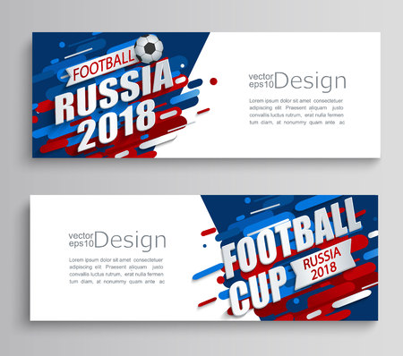 Set of two modern cards of a football cup 2018 on dynamic background. For the soccer championship.Perfect for design cards, invitations, gift cards, flyers, brochures, banners, templates. Vector.の写真素材