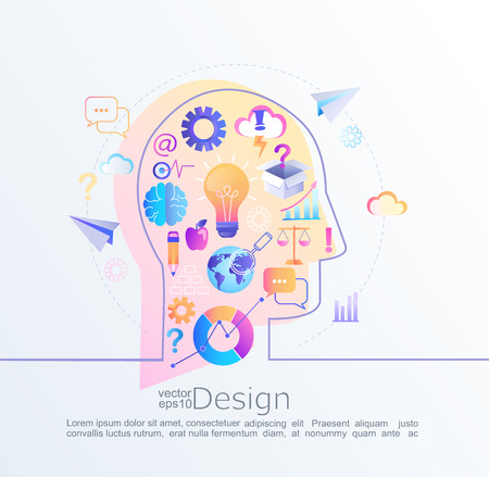 Creative infographic concept of big inspiration in our brain with head profile.Effective thinking. Various signs and symbols, business icons in flat style that lead to an big idea.Vector illustration.のイラスト素材