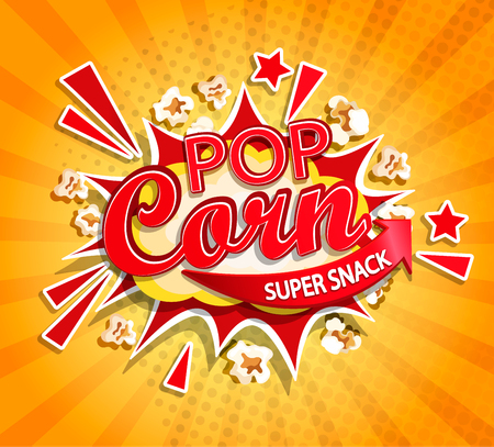 Exploding label for popcorn on sunburst background. Cartoon super snack and not healhty fast food. Perfect for your design for street trade. Vector illustration.のイラスト素材