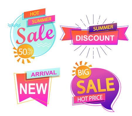 Set of 4 banner elements, sale and discount tag collection, hot summer special offer. Modern website stickers. Vector illustration.のイラスト素材