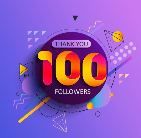Thanks for the first 100 followers. Thank you followers congratulation card. Vector illustration for Social Networks. Web user or blogger celebrates and tweets a large number of subscribers.のイラスト素材