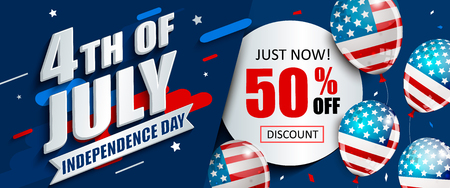 50 per cent off sale banner with balloons for Independence day. Just now offer of half price discount. Template for your design, card and flyer, poster for 4th of July in USA. Vector illustration.のイラスト素材