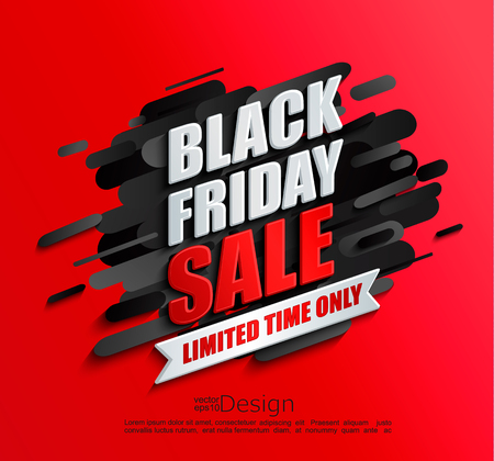 Dynamic black friday sale banner on red background. Perfect template for flyers, discount cards, web, posters, ad, promotions, blogs and social media, marketing. Vector illustration.のイラスト素材