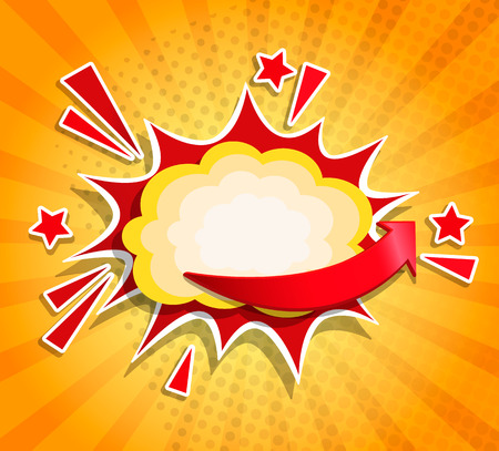 Comic Boom frame in retro pop art style on sunburst background. Sign of explosion, sticker tag, special offer label, advertising badge, banner. Vector illustration.のイラスト素材