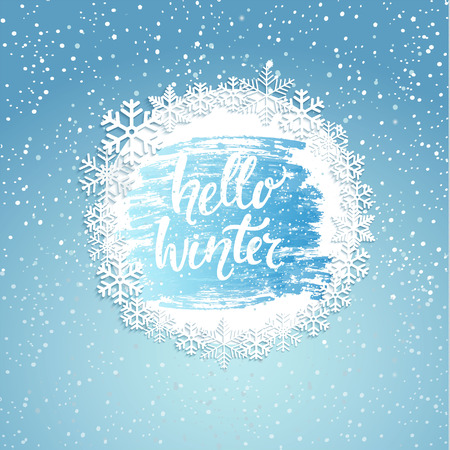 Hello Winter greeting card with vintage frame from snowflakes. Greeting winter with new year and christmas holidays, hand drawn lettering. Vector illustration.のイラスト素材