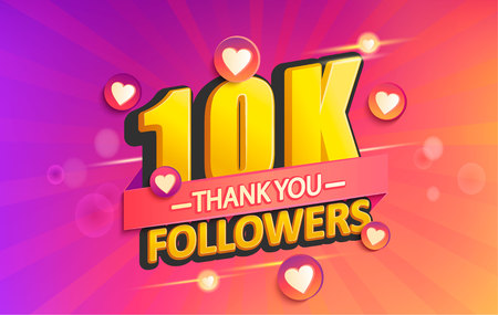 Thank you 10K followers banner. Thanks followers congratulation card. Vector illustration for Social Networks. Web user or blogger celebrates and tweets a large number of subscribers.のイラスト素材