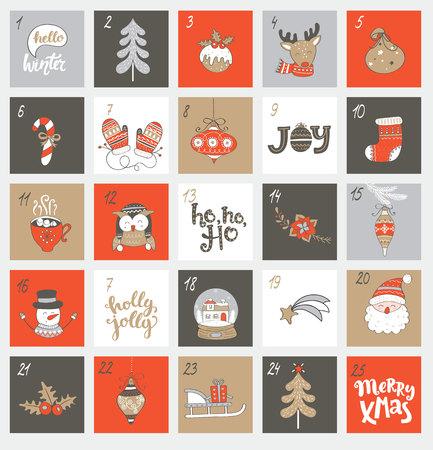 Christmas advent calendar with different christmas symbols for your design. Raster copy.の写真素材