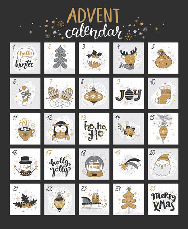 Happy Christmas advent calendar with different christmas symbols for your design. Raster copy.の写真素材