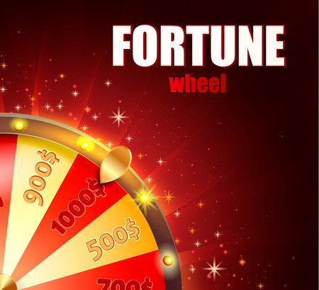 Symbol of spinning fortune wheel in realistic style. Shiny lucky roulette for your design on red glowing background with place for your text. Raster copy.の写真素材