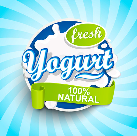 Fresh and Natural Yogurt label splash with ribbon on blue sunburst background for logo, template, label, emblem for groceries, agriculture stores, packaging and advertising. Raster copy.の写真素材