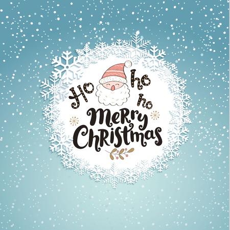 Happy Christmas greeting card with lettering. Snowfall background. Raster copy.の写真素材