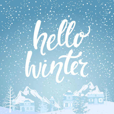 Hello winter banner with lettering. Snowfall on the background of village and mountains. Raster copy.の写真素材
