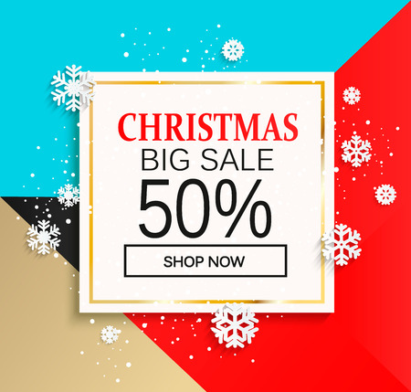 Christmas big sale banner. Card for shop now on colorful geometric background with snowflakes. Raster copy.の写真素材