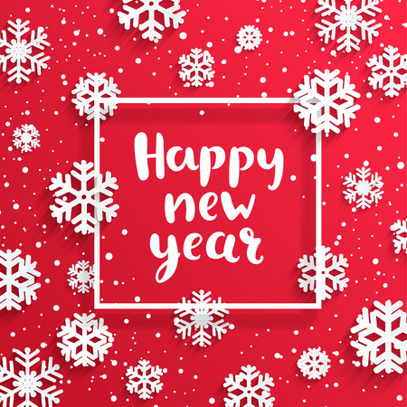 Happy new year card with lettering and snowflakes on red background. Raster copy illustration banner.の写真素材