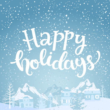 Hello holidays Greeting Card with lettering. Snowfall on the background of village and mountains. Raster copy.の写真素材