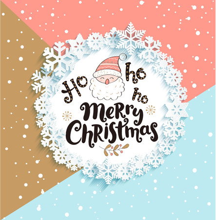 Happy Christmas greeting card with lettering on geometric and snowfall background. Raster copy.の写真素材