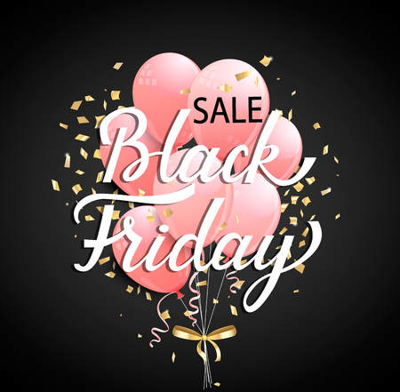 Black Friday Sale banner with pink ballons and golden spangles on black background for your design. Raster copy.の写真素材
