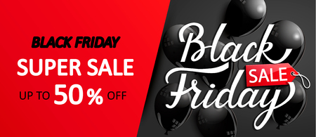 Super sale card for black friday. Discount banner with shiny balloons for shops, markets and other sellers. Raster copy.の写真素材