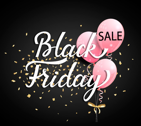 Black Friday Sale banner with pink ballons and golden spangles on black background. Raster copy.の写真素材