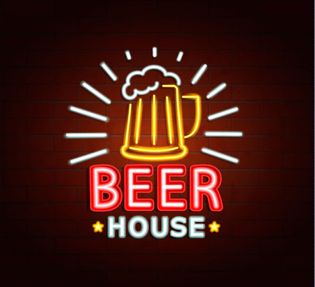 Neon sign of beer house, bright signboard, light banner. Beer house logo, emblem and symbol. Raster copy.の写真素材