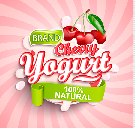Fresh and Natural Cherry Yogurt label splash on sunburst background for your brand, logo, template, label, emblem for groceries, agriculture stores, packaging and advertising. Vector illustration.のイラスト素材