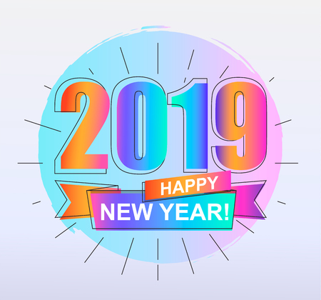 2019 Happy New Year. Colorful outline gradient banner for new year holidays. Perfect for presentations, flyers and banners, leaflets, postcards and posters. Raster copy illustration.の写真素材