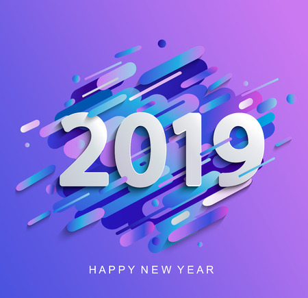 Creative happy new year 2019 card on modern gradient dynamic background. Perfect for presentations, flyers and banners, leaflets, postcards and posters. Raster copy illustration.の写真素材