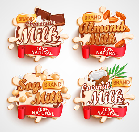 Almond, chocolate, soy, coconut milk labels with milky splash. 100 percent natural, organic and fresh healthy drink.Perfect for your advertising and packaging cosmetics or dairy products.Vector.のイラスト素材