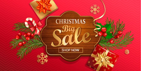Christmas big sale banner for New Year holidays. Discount template on wooden frame on red background with traditional christmas elements-gift box with gold bow,candy,branch.Vector illustration.のイラスト素材