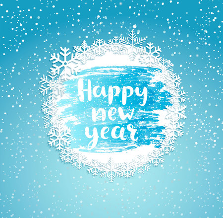 Happy New Year greeting card with vintage frame from snowflakes on frosty window. Greeting new year with wishing happy holidays, hand drawn lettering. Vector illustration.のイラスト素材