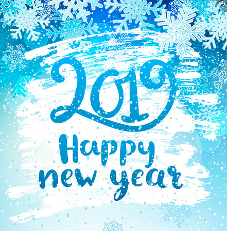 Happy 2019 New Year holidays geeting card with snowflakes on iced and frosted window. Wishing happy holidays holidays, hand drawn lettering. Vector illustration.のイラスト素材