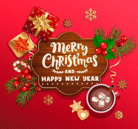 Merry Christmas and New Year wishing card on wood frame,red background with traditional christmas decorations-gift box with gold bow,candy cane,branch,snowflakes,cocoa, marshmallow.Vector illustrationのイラスト素材