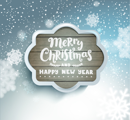 Merry Christmas and Happy New Year lettering in a grey wooden frame on blurred snowy background with snowflakes.Vector illustration.のイラスト素材