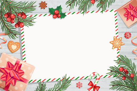Template of Christmas Letters and wishes on wooden background with traditional decorations-gift box with bow,candy cane,spruce branch and gingerbread.Wish List for kids for the holidays.Vector.のイラスト素材