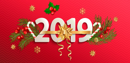 2019 New year banner with gold bow on red background with traditional elements-candy cane,Christmas tree branches, snowflakes, mistletoe.Perfect for flyers,cards,posters.Vector illustration.のイラスト素材