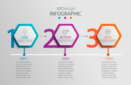 Paper infographic template with 3 hexagon options for presentation and data visualization.Business process chart.Diagram with three steps to success.For content,flowchart,workflow.Vector illustrationのイラスト素材