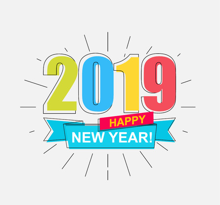 2019 Happy New Year. Colorful outline banner for new year holidays. Perfect for presentations, flyers and banners, leaflets, postcards and posters. Vector illustrationのイラスト素材